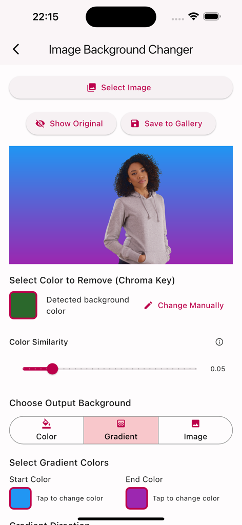 Interface d'une application mobile montrant une image avec l'arrière-plan supprimé par chroma key et remplacé par un dégradé violet.