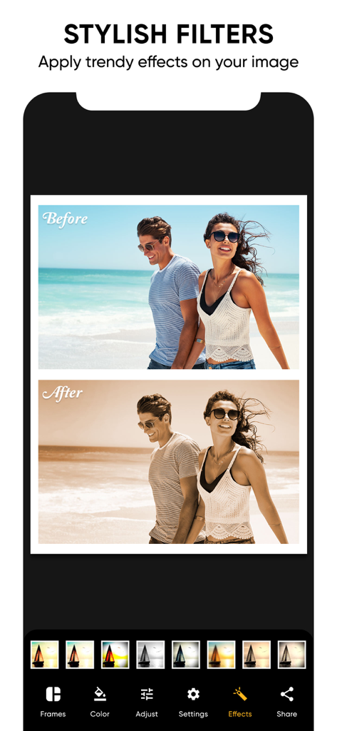 Filtres photo élégants montrant l'effet avant et après sur une photo de plage