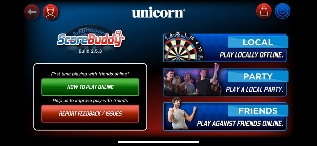 Unicorn ScoreBuddy - Main menu of the Unicorn ScoreBuddy app featuring Local, Party, and Friends online play options.