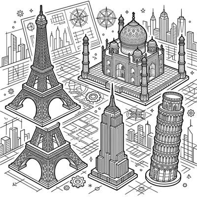 Embark on a global coloring adventure with this intricate page featuring famous architectural miniatures. Bring iconic landmarks like the Eiffel Tower and Taj Mahal to life with your creativity.
