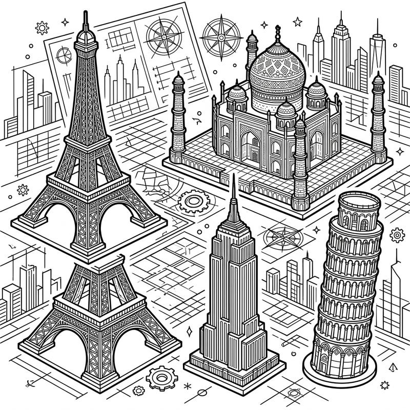 Embark on a global coloring adventure with this intricate page featuring famous architectural miniatures. Bring iconic landmarks like the Eiffel Tower and Taj Mahal to life with your creativity.