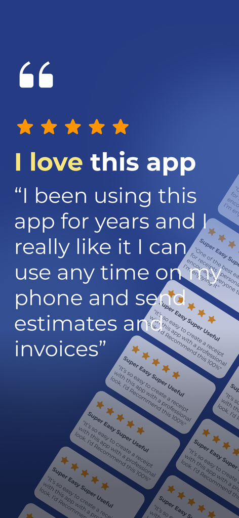 Estimate Maker, Contractor Pay - Positive user testimonial and five star rating for the Estimate Maker invoicing app.