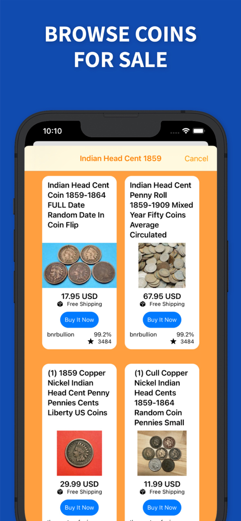 Price Guide - U.S. Coin Values - App screen showing a browse coins for sale marketplace with listings for Indian Head Cents including prices and buy it now buttons