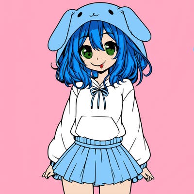 pretty anime girl wearing a fluffy hoodie with bunny ears on the hood and a skirt