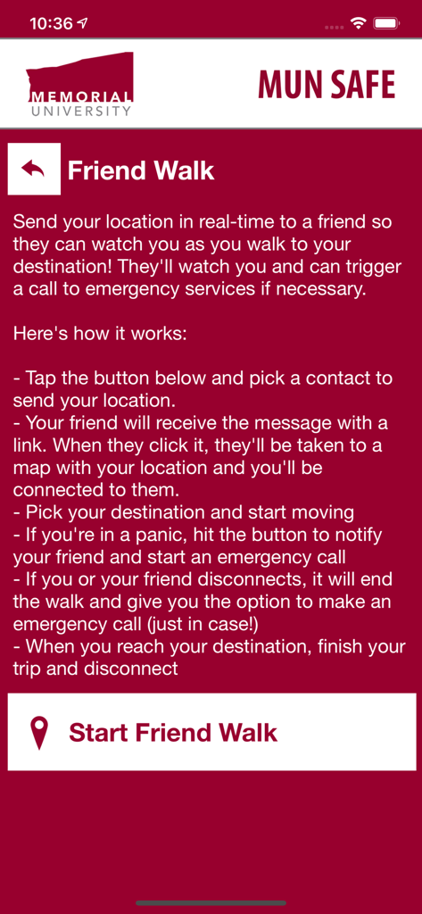 MUN Safe - Interface of the MUN Safe app showing instructions and a start button for the Friend Walk campus safety feature