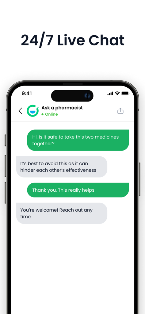 Screenshot of Chefaa app showing a 24/7 live chat interface where a user asks a pharmacist for medical advice