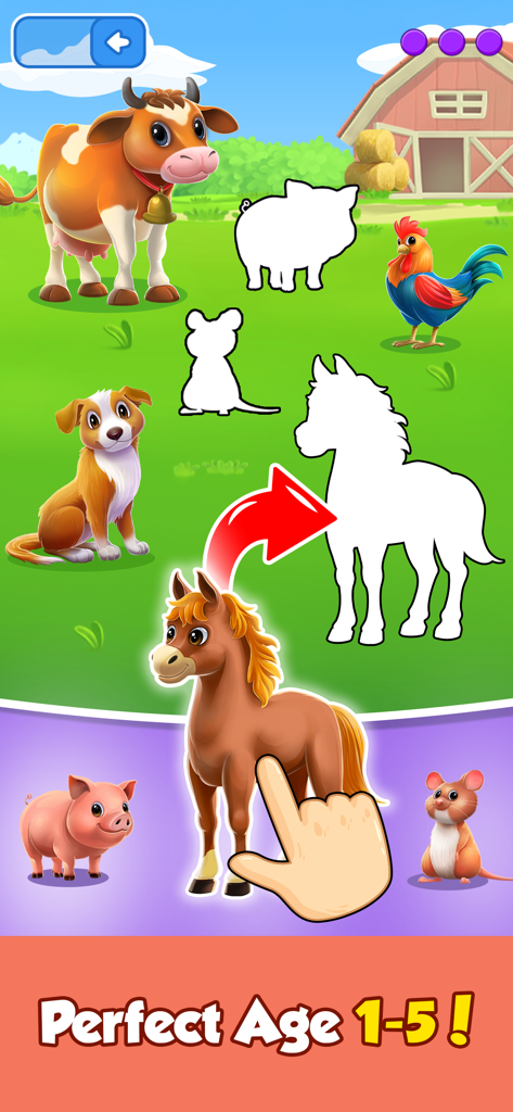 A preschool educational game where a child matches farm animals like a horse, pig, and cow to their silhouettes