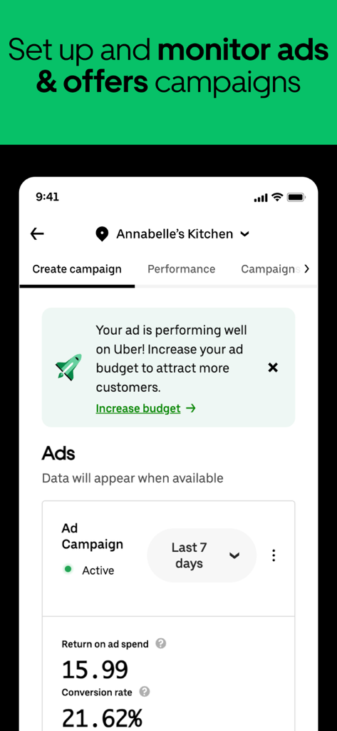 Uber Eats Manager - Panel de Uber Eats Manager que muestra métricas de rendimiento de campañas publicitarias de restaurantes, incluyendo retorno de la inversión publicitaria y tasa de conversión