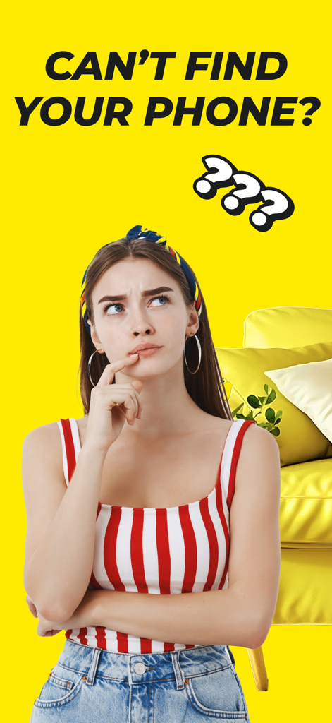 Clap Detector: Find My Phone - A young woman looking puzzled next to a couch with the text Can't find your phone?