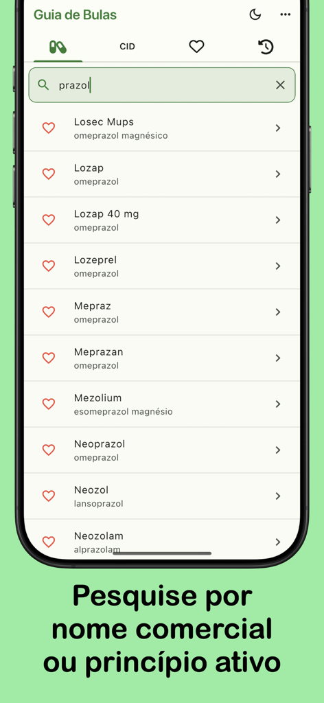 Guia de Bulas - Interface de busca do aplicativo Guia de Bulas mostrando uma lista de medicamentos filtrados por ingrediente ativo