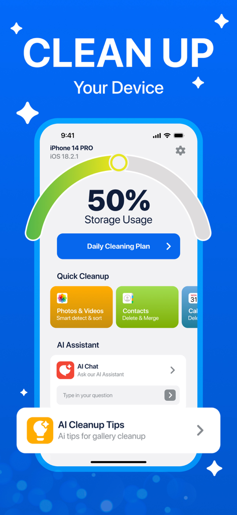 AI Photo Cleaner - Cleanup Kit - Dashboard of AI Photo Cleaner showing storage usage and cleaning options