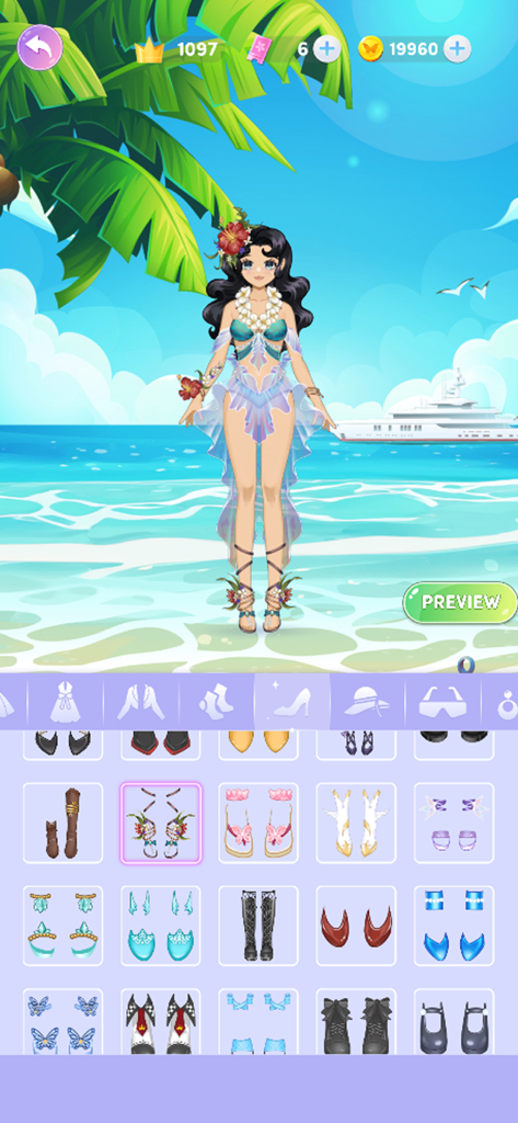 Magic Fashion: Doll Dressup - A doll character in a blue tropical outfit on a beach background in the Magic Fashion dress up game interface