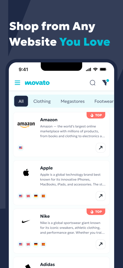 Movato - Online Shopping - Movato app screen displaying global online stores like Amazon and Nike for international shopping and delivery.