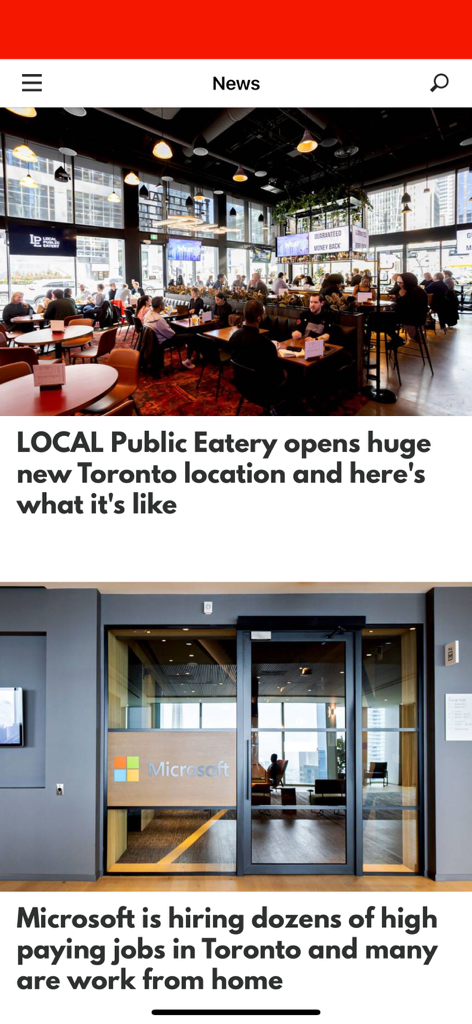 blogTO - A screenshot of the blogTO app news feed displaying articles about a new local restaurant opening and job opportunities at Microsoft in Toronto.