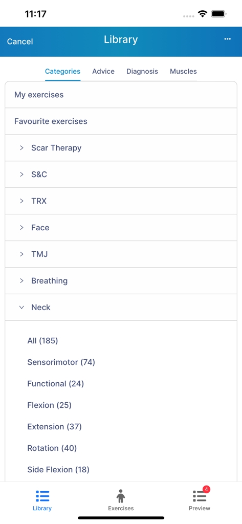 Rehab My Patient - Exercise library screen in the Rehab My Patient app showing rehabilitation categories like neck exercises for therapists