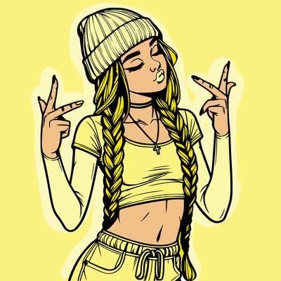 realistic teenage girl with braids and a beanie and crop top doing 🫶🏼
