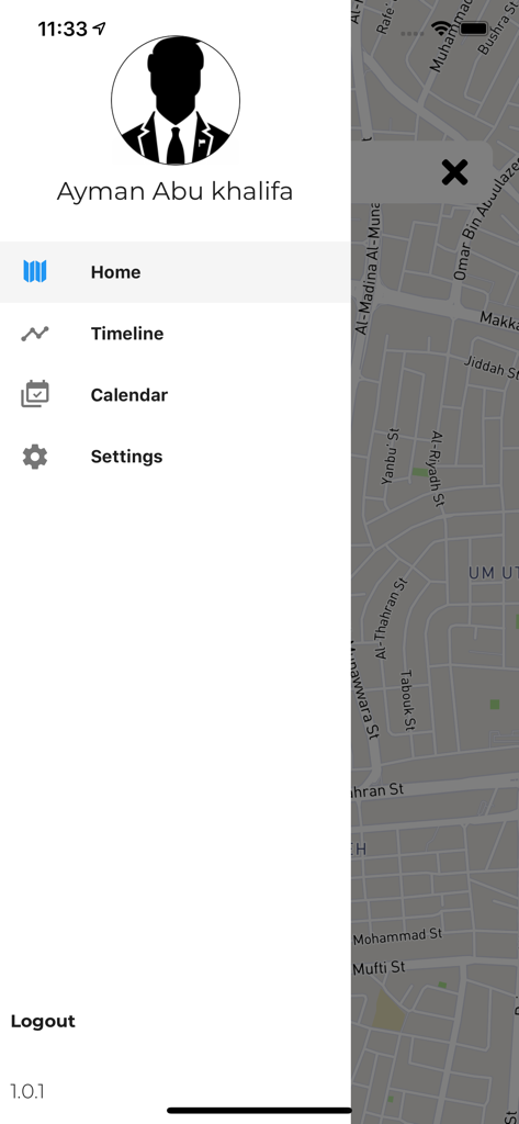 Repzo Pro - Side navigation menu of the Repzo Pro app showing user profile and links to Home, Timeline, Calendar, and Settings over a map background.