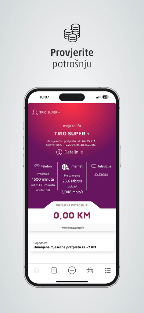 Moj ERONET - Mobile interface of Moj ERONET app displaying service usage and consumption details