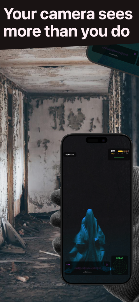 Ghost Detector Real Life Radar - A smartphone showing a blue ghostly figure in an abandoned building with paranormal detection tools like EMF and radar