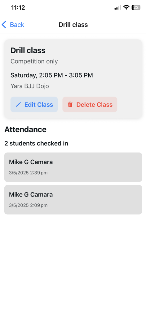 Dojo app screen showing martial arts class details and student attendance list