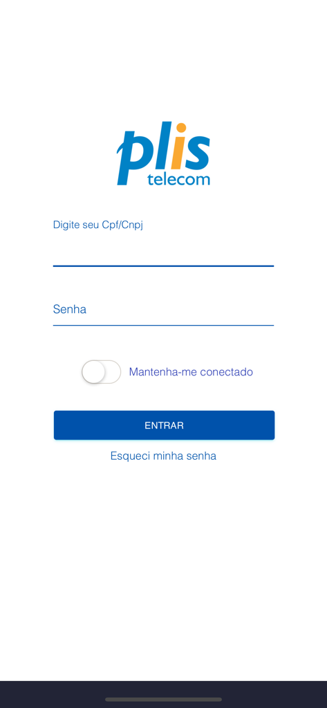 Plis Telecom - Login screen of the Plis Telecom app with fields for CPF and password