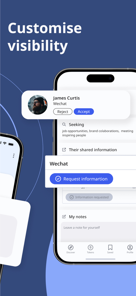 Buzzly app interface showing a profile with options to customize visibility and request contact information