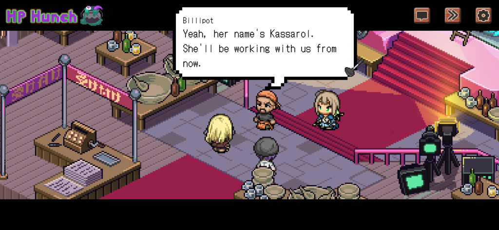 Hodgepodge Hunch - Pixel art character dialogue scene in a restaurant from the game Hodgepodge Hunch.