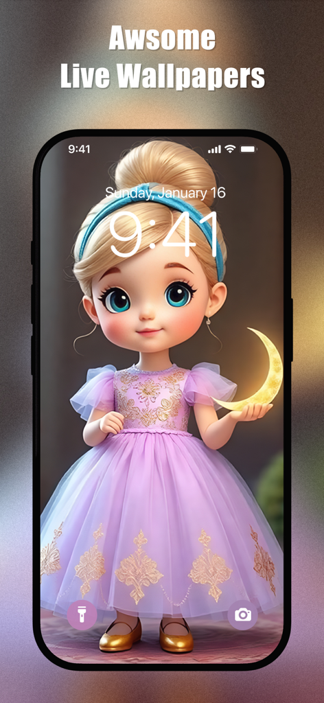 Cute Doll Wallpapers 4K | HD - Kawaii chibi doll in a purple dress holding a crescent moon on a mobile phone screen.