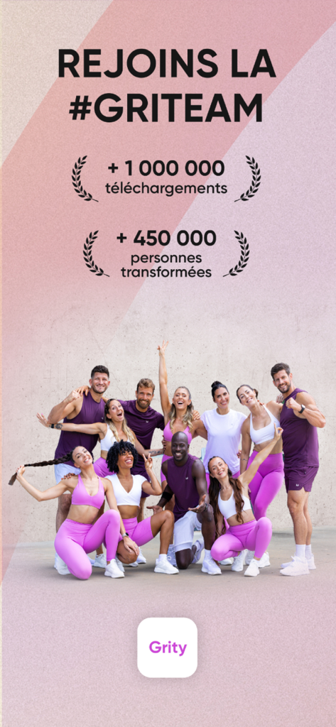 A diverse group of fit people posing together for the Grity app community with download and transformation statistics