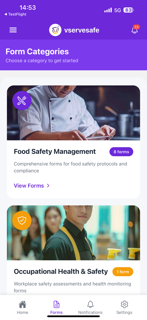 Vservesafe App-Dashboard mit Formular Kategorien für das Management der Lebensmittelsicherheit und der Arbeitssicherheit