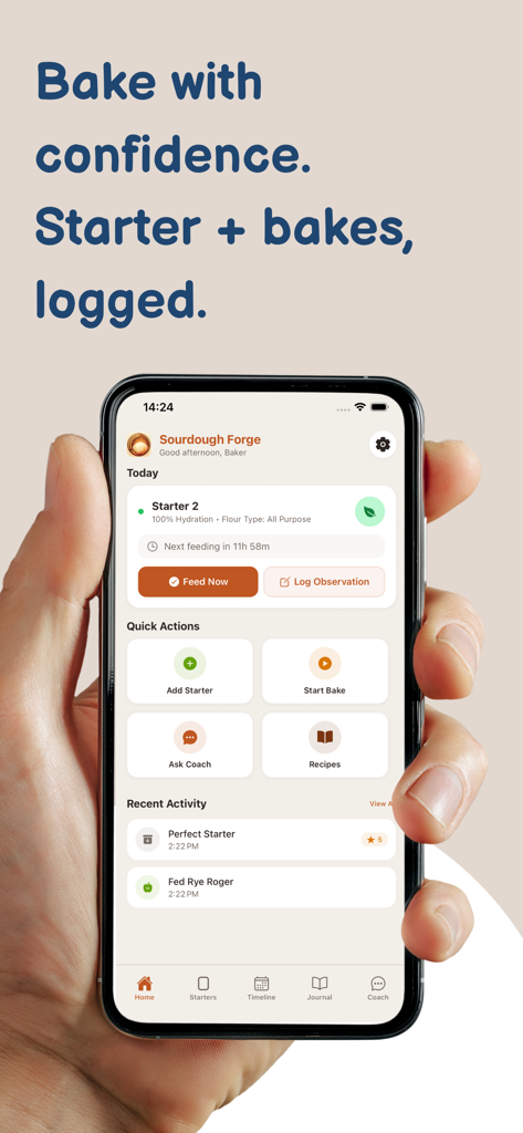 Sourdough Forge: Starter - A hand holding an iPhone showing the Sourdough Forge app dashboard with sourdough starter tracking and baking tools