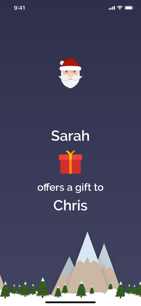 Secret Santa app screen showing a draw result where Sarah offers a gift to Chris