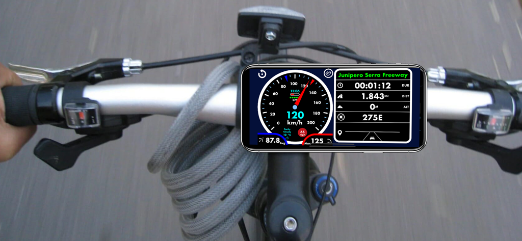 Speedometer •• - Un smartphone montado en el manillar de una bicicleta mostrando un velocímetro digital y datos del viaje.