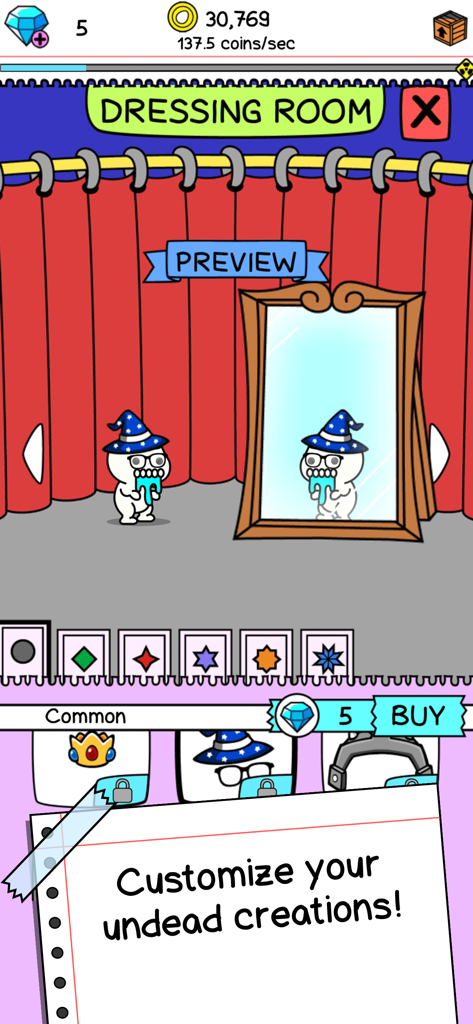 Personaje zombi con un sombrero de mago y gafas en el Vestidor del juego Zombie Evolution.