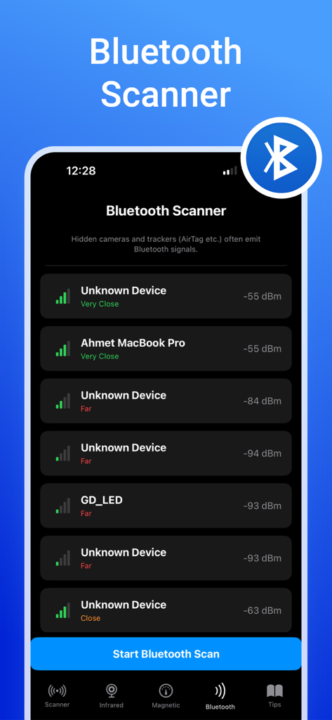 Interface of the Bluetooth scanner feature showing detected devices and signal proximity