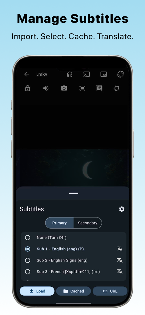 SubX Player – Dual Subtitles - Capture d'écran de l'application SubX Player montrant l'interface de gestion des sous-titres avec des options pour sélectionner les sous-titres principaux et secondaires en anglais et en français.