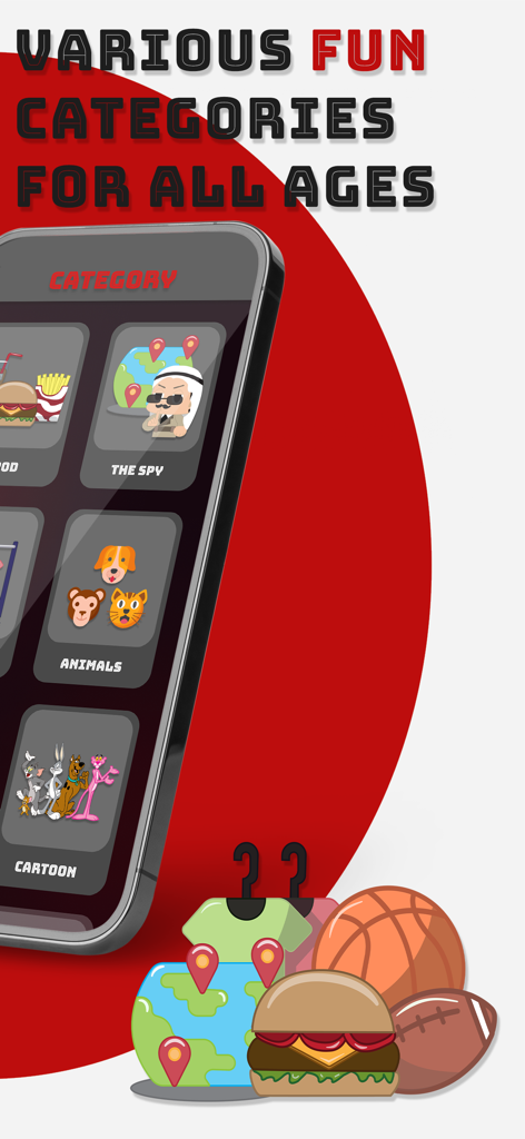 Écran mobile de l'application de fête Spy Game montrant diverses catégories de jeux, y compris les animaux et les dessins animés