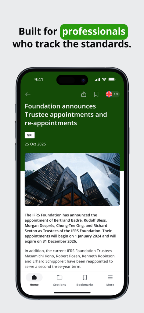 Pantalla de noticias de reportes financieros de la aplicación móvil IAS Plus para profesionales