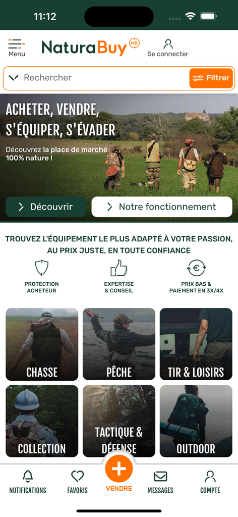 Page d'accueil de l'application mobile NaturaBuy affichant des catégories pour le matériel de chasse, de pêche et de plein air.