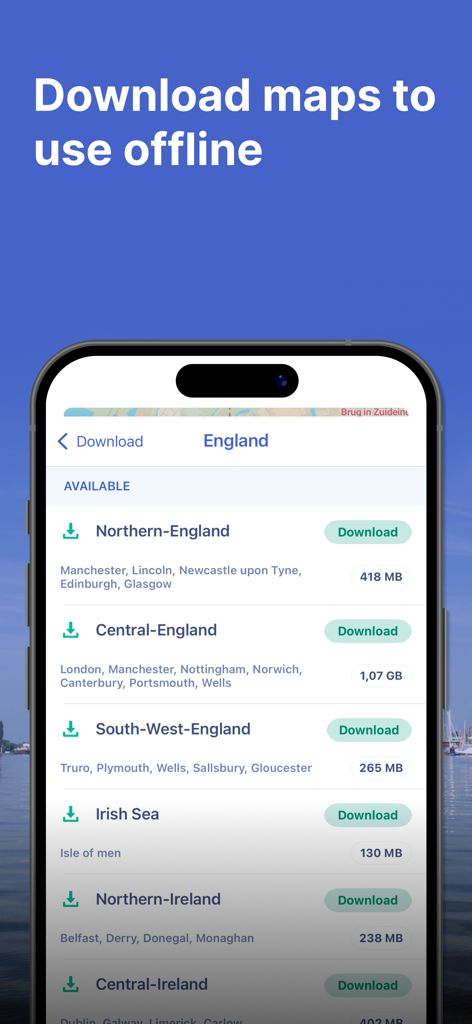 Eine mobile Benutzeroberfläche der Waterkaarten-App, die eine Liste von herunterladbaren Seekarten für England und Irland für die Offline-Nutzung zeigt