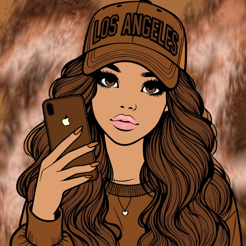 realistic beautiful girl wearing los ángeles cap holding an iphone