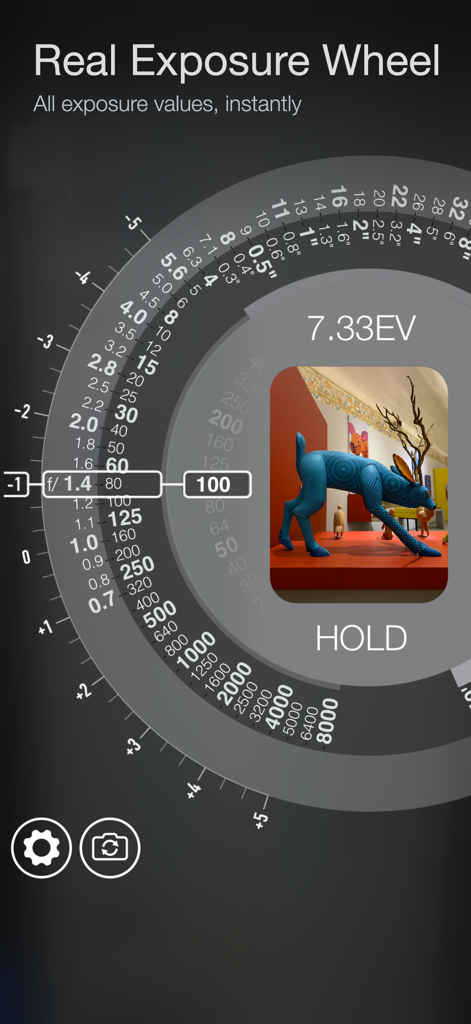 Light Meter Wheel app interface showing the circular exposure dial for photography settings