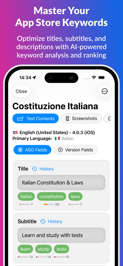 Dock - Store Managerモバイルインターフェース。アプリのタイトルとサブタイトルのためのAI駆動キーワード分析を表示。