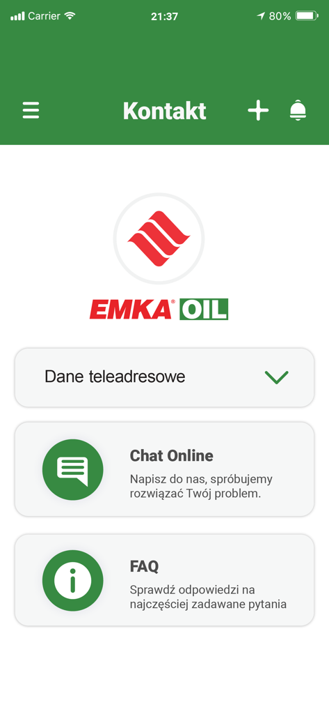 EMKA Oil - Contact screen of the EMKA Oil app featuring online chat and FAQ options