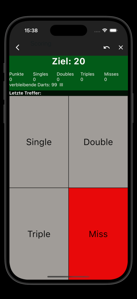 My Dart Training - Darts practice scoring interface with buttons for single double triple and miss hits