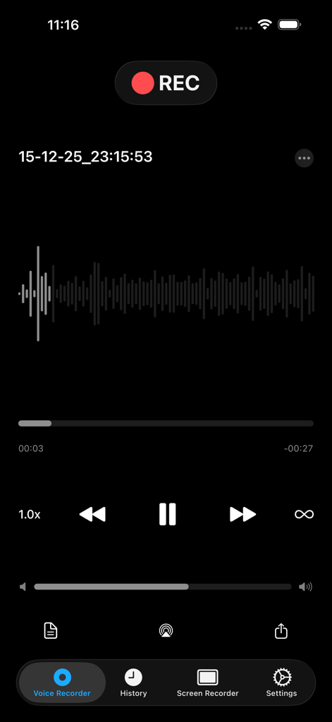 Voice recorder app screen showing audio recording with waveform and playback controls