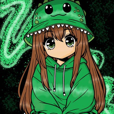 girl with anime shaped eyes with a dinosaur bucket hat oversized sweatshirt long straight hair