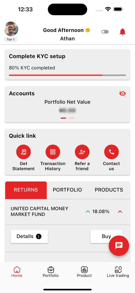 InvestNow - Home screen of the InvestNow mobile app featuring portfolio net value, KYC progress, and money market fund investment options.