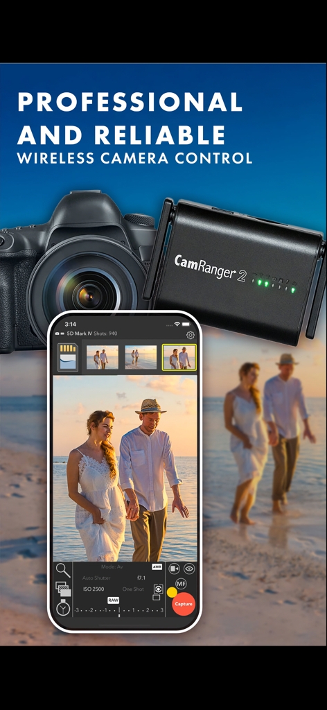 Application et matériel CamRanger 2 pour un contrôle professionnel sans fil de l'appareil photo.