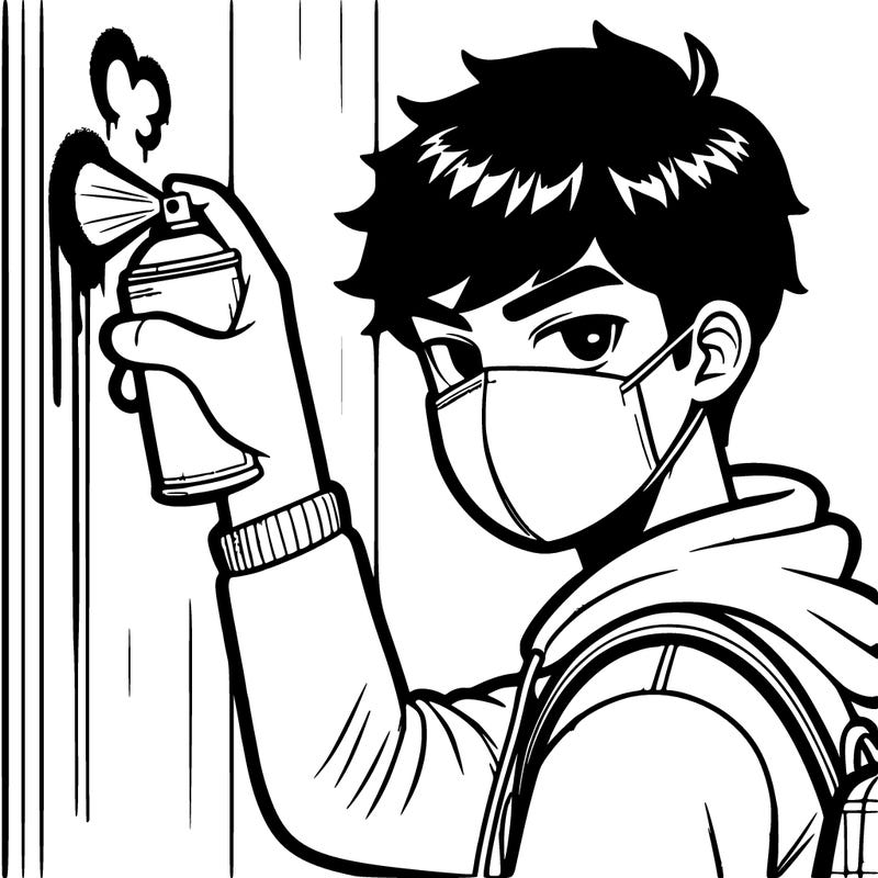 high schoolboy spray, painting a wall with mask covering his mouth